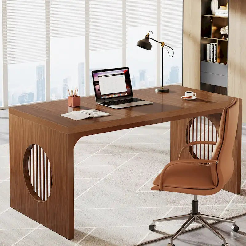 63  Computer Office Desk, Industrial Executive Desk, Rectangular Sturdy Writing Table with Wooden Tabletop for Home Office