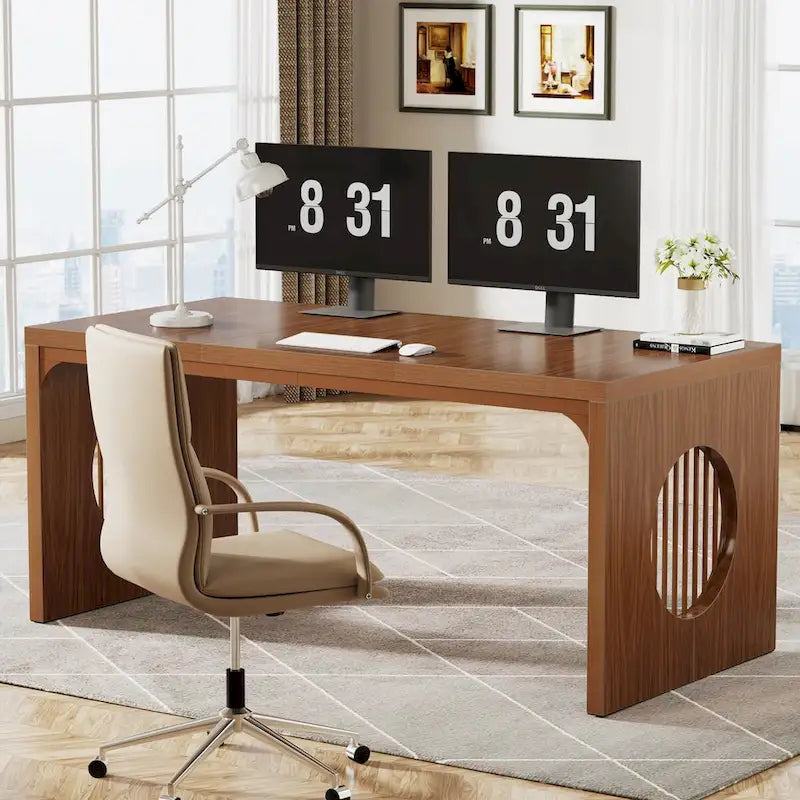 63  Computer Office Desk, Industrial Executive Desk, Rectangular Sturdy Writing Table with Wooden Tabletop for Home Office