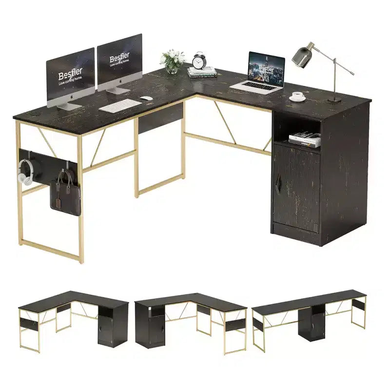 Bestier Reversible 60 L Shaped Corner Computer Desk with Removeable Hooks, 95 Long Table Desk with Storage Cubby & Cabinet for Home Office