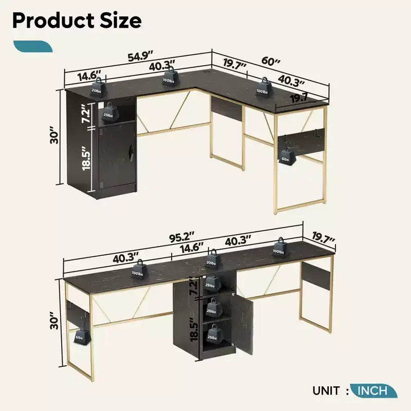 Bestier Reversible 60 L Shaped Corner Computer Desk with Removeable Hooks, 95 Long Table Desk with Storage Cubby & Cabinet for Home Office
