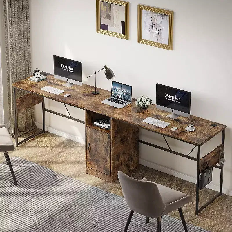Bestier Reversible 60 L Shaped Corner Computer Desk with Removeable Hooks, 95 Long Table Desk with Storage Cubby & Cabinet for Home Office