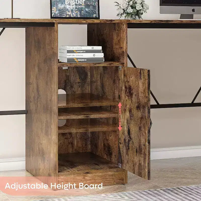Bestier Reversible 60 L Shaped Corner Computer Desk with Removeable Hooks, 95 Long Table Desk with Storage Cubby & Cabinet for Home Office