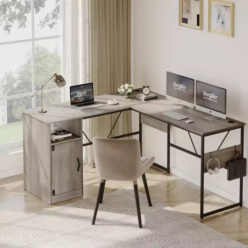 Bestier Reversible 60 L Shaped Corner Computer Desk with Removeable Hooks, 95 Long Table Desk with Storage Cubby & Cabinet for Home Office