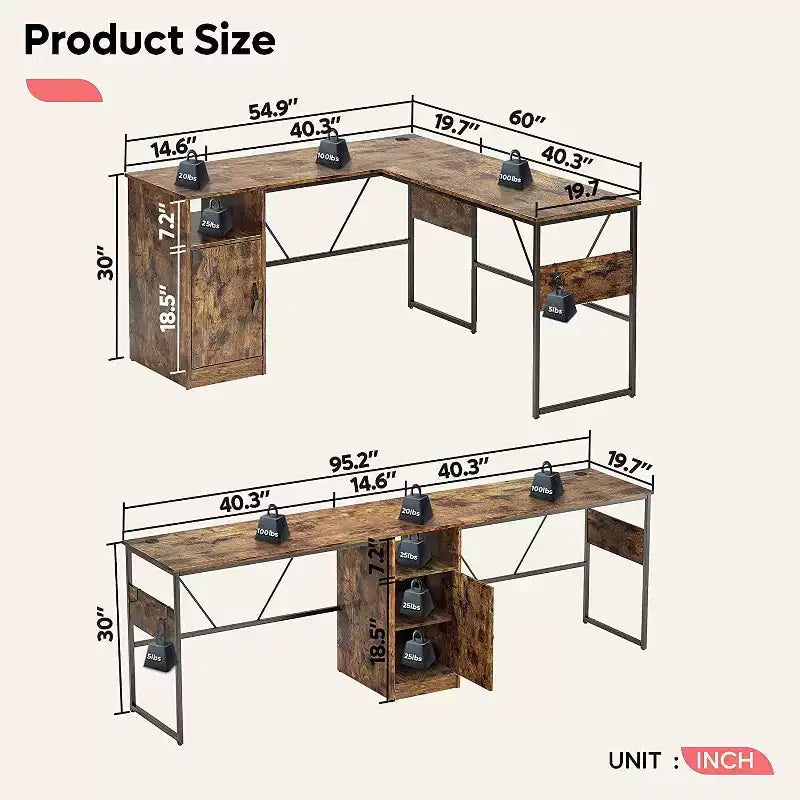 Bestier Reversible 60 L Shaped Corner Computer Desk with Removeable Hooks, 95 Long Table Desk with Storage Cubby & Cabinet for Home Office