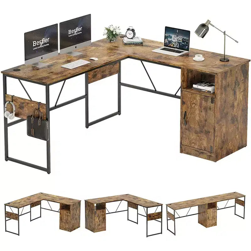 Bestier Reversible 60 L Shaped Corner Computer Desk with Removeable Hooks, 95 Long Table Desk with Storage Cubby & Cabinet for Home Office