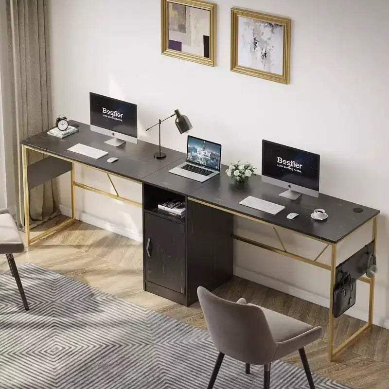 Bestier Reversible 60 L Shaped Corner Computer Desk with Removeable Hooks, 95 Long Table Desk with Storage Cubby & Cabinet for Home Office