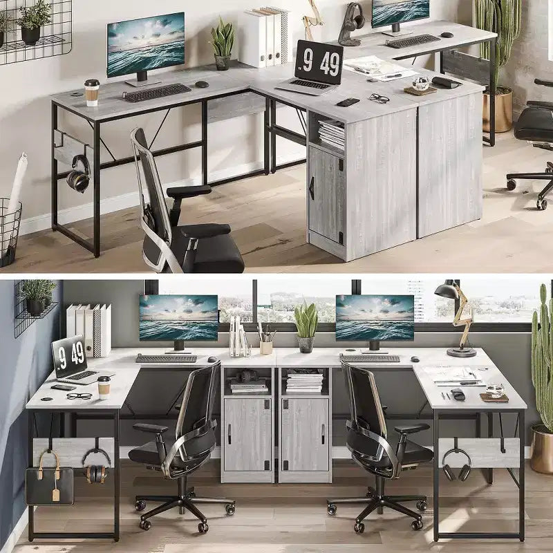 Bestier Reversible 60 L Shaped Corner Computer Desk with Removeable Hooks, 95 Long Table Desk with Storage Cubby & Cabinet for Home Office