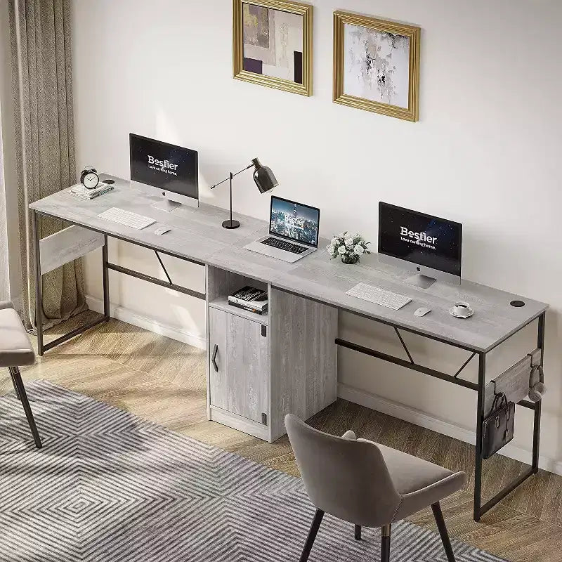 Bestier Reversible 60 L Shaped Corner Computer Desk with Removeable Hooks, 95 Long Table Desk with Storage Cubby & Cabinet for Home Office