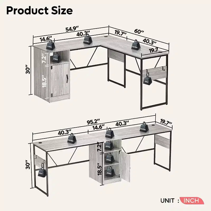 Bestier Reversible 60 L Shaped Corner Computer Desk with Removeable Hooks, 95 Long Table Desk with Storage Cubby & Cabinet for Home Office