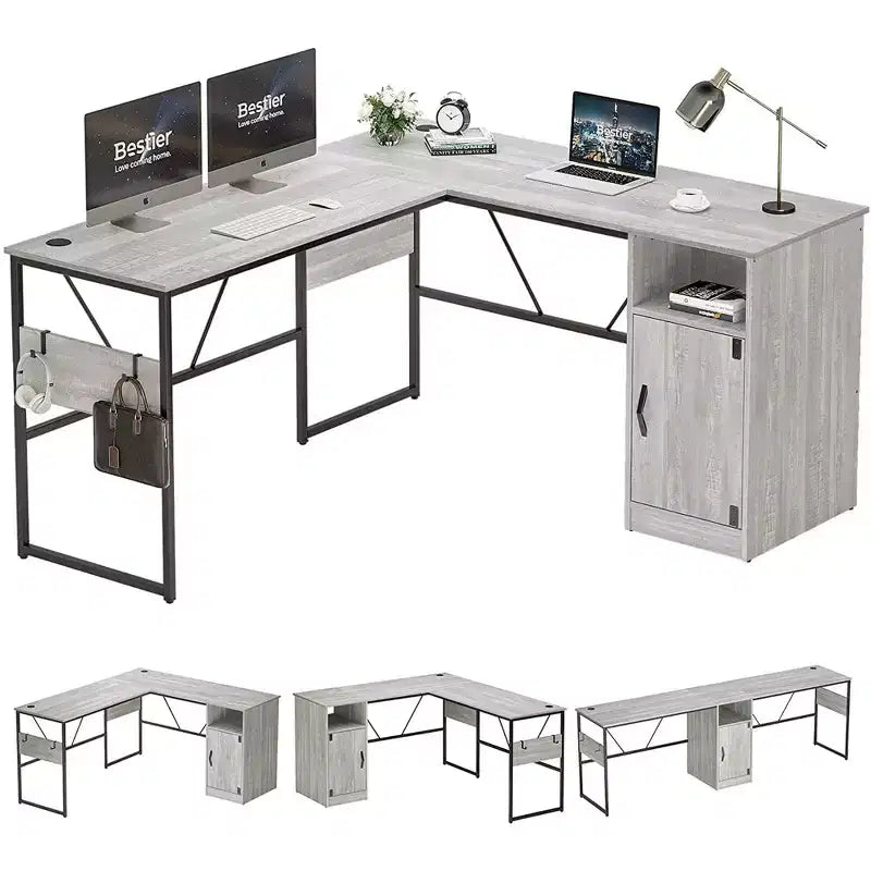 Bestier Reversible 60 L Shaped Corner Computer Desk with Removeable Hooks, 95 Long Table Desk with Storage Cubby & Cabinet for Home Office