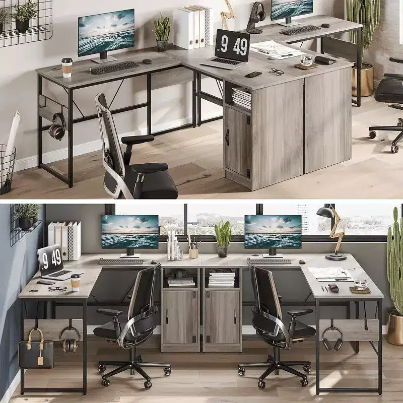 Bestier Reversible 60 L Shaped Corner Computer Desk with Removeable Hooks, 95 Long Table Desk with Storage Cubby & Cabinet for Home Office