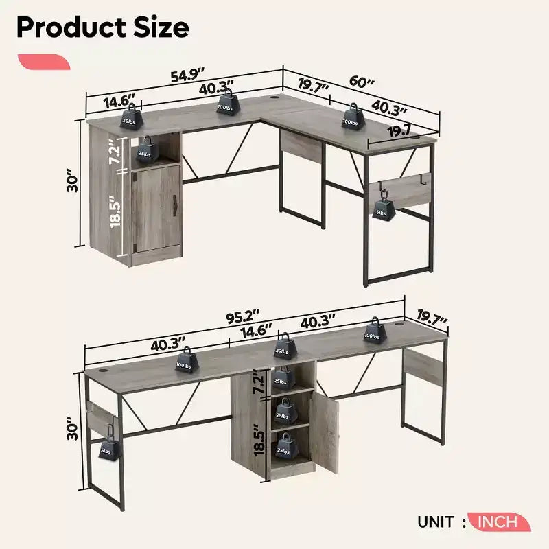 Bestier Reversible 60 L Shaped Corner Computer Desk with Removeable Hooks, 95 Long Table Desk with Storage Cubby & Cabinet for Home Office