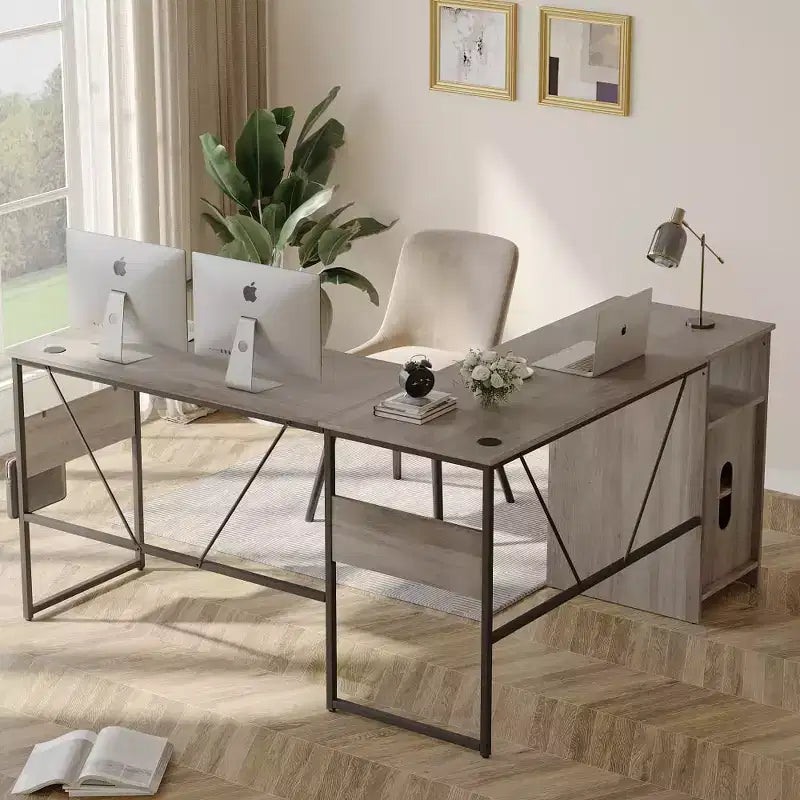 Bestier Reversible 60 L Shaped Corner Computer Desk with Removeable Hooks, 95 Long Table Desk with Storage Cubby & Cabinet for Home Office