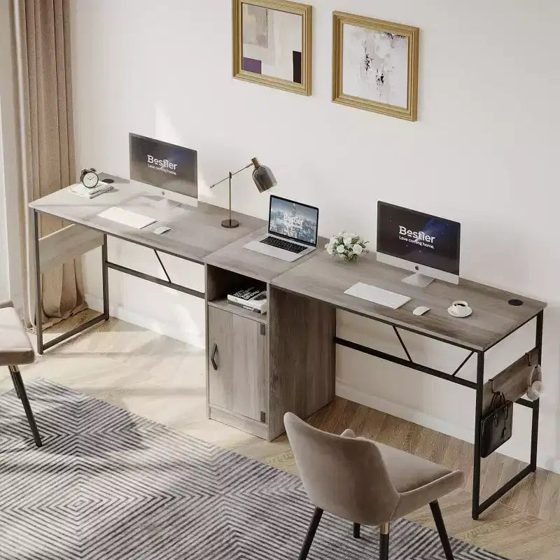 Bestier Reversible 60 L Shaped Corner Computer Desk with Removeable Hooks, 95 Long Table Desk with Storage Cubby & Cabinet for Home Office