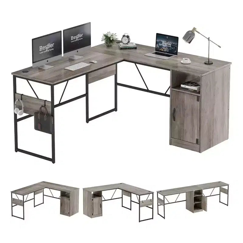 Bestier Reversible 60 L Shaped Corner Computer Desk with Removeable Hooks, 95 Long Table Desk with Storage Cubby & Cabinet for Home Office