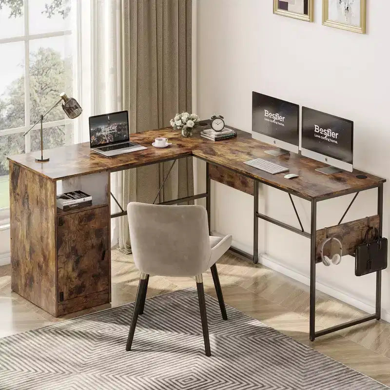 Bestier Reversible 60 L Shaped Corner Computer Desk with Removeable Hooks, 95 Long Table Desk with Storage Cubby & Cabinet for Home Office