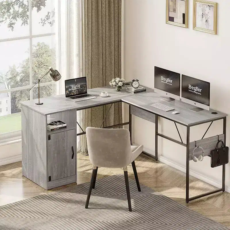 Bestier Reversible 60 L Shaped Corner Computer Desk with Removeable Hooks, 95 Long Table Desk with Storage Cubby & Cabinet for Home Office