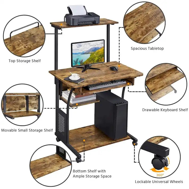 Yaheetech Portable Computer Desk with 4 Shelves and Keyboard Tray