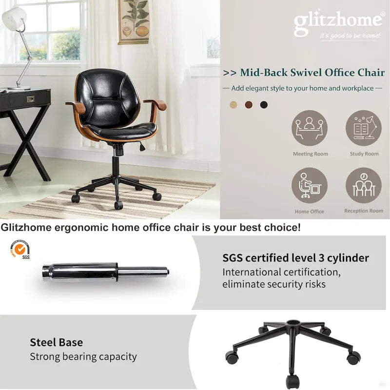 Glitzhome Leatherette Adjustable Swivel Desk Office Chair with Armrest Ergonomic Design
