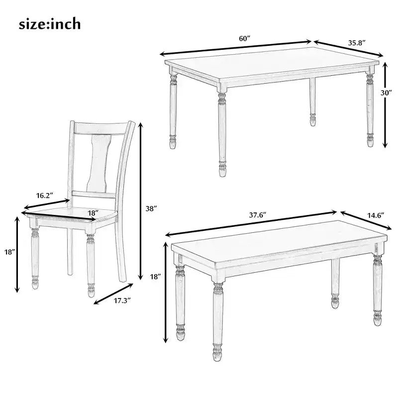 Whisen Classic 6-Piece Dining Set Wooden Table with 4 Chairs and Bench - Brown / Cottage White
