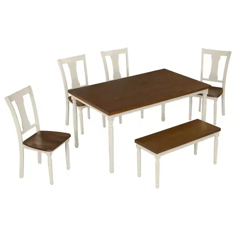 Whisen Classic 6-Piece Dining Set Wooden Table with 4 Chairs and Bench - Brown / Cottage White