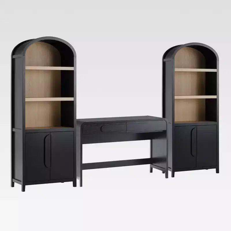 Saracina Home 3pc Modern Writing Desk with 2 Arched Bookcase Cabinets