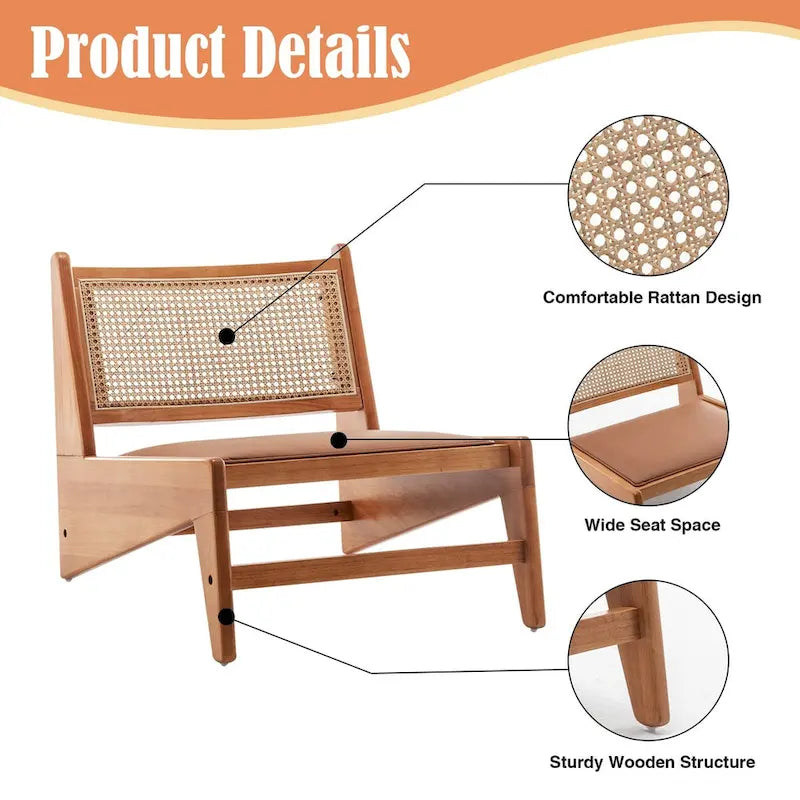 Rattan Chairs,Mid Century Modern Accent Chair Armless Reading Side Chair Living Room Chair Boho Chair with Wooden Frame