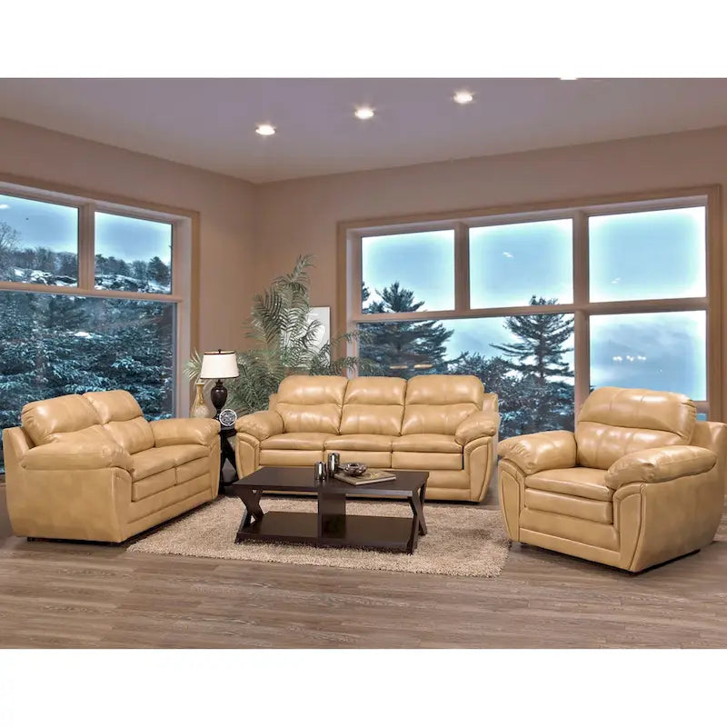 Simon Light Tan Brown Leather Gel Sofa, Loveseat and Chair Set