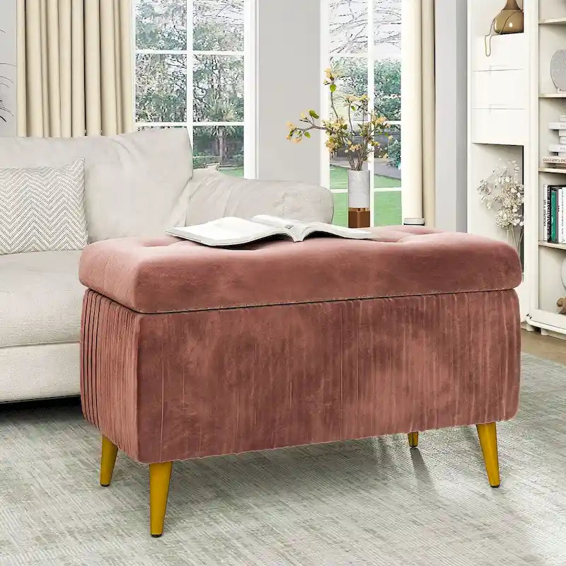 Modern Tufted Storage Ottoman Bench, Velvet Upholstered Storage Bench with Button Perfect for Bedroom, Living Room, Entryway
