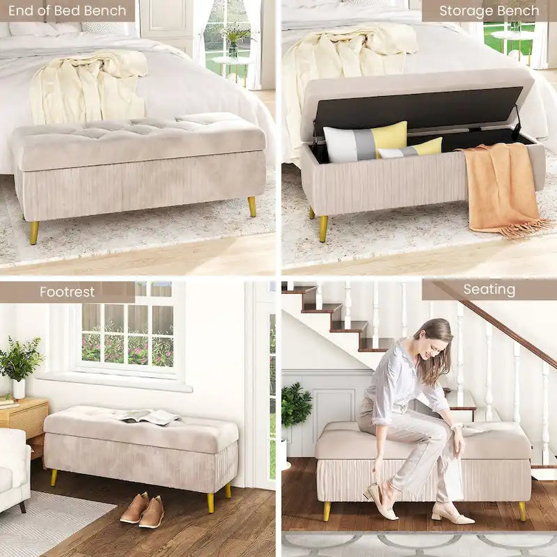 Modern Tufted Storage Ottoman Bench, Velvet Upholstered Storage Bench with Button Perfect for Bedroom, Living Room, Entryway