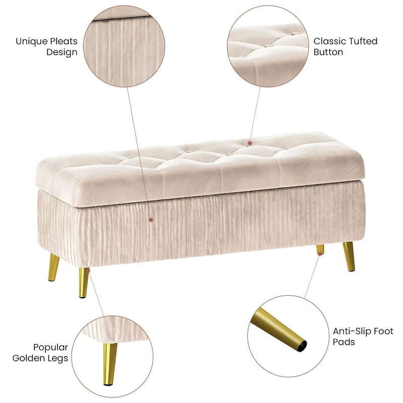 Modern Tufted Storage Ottoman Bench, Velvet Upholstered Storage Bench with Button Perfect for Bedroom, Living Room, Entryway