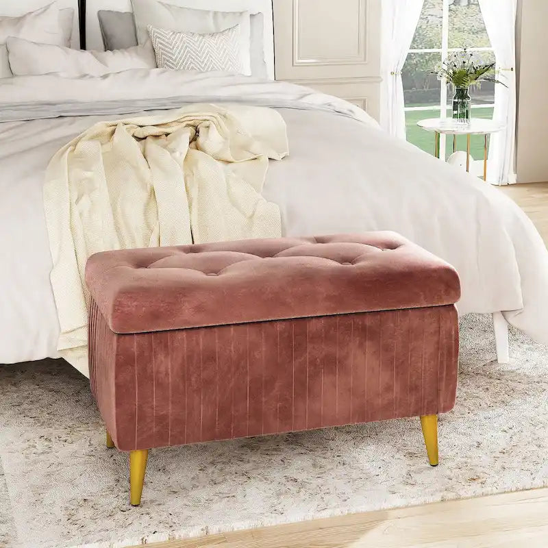 Modern Tufted Storage Ottoman Bench, Velvet Upholstered Storage Bench with Button Perfect for Bedroom, Living Room, Entryway