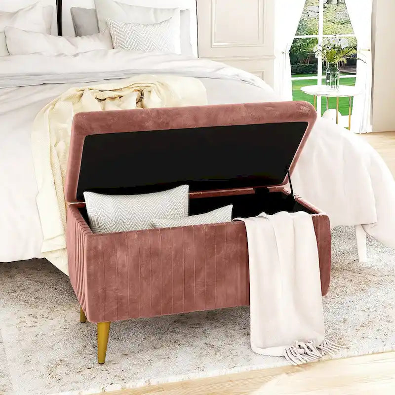 Modern Tufted Storage Ottoman Bench, Velvet Upholstered Storage Bench with Button Perfect for Bedroom, Living Room, Entryway