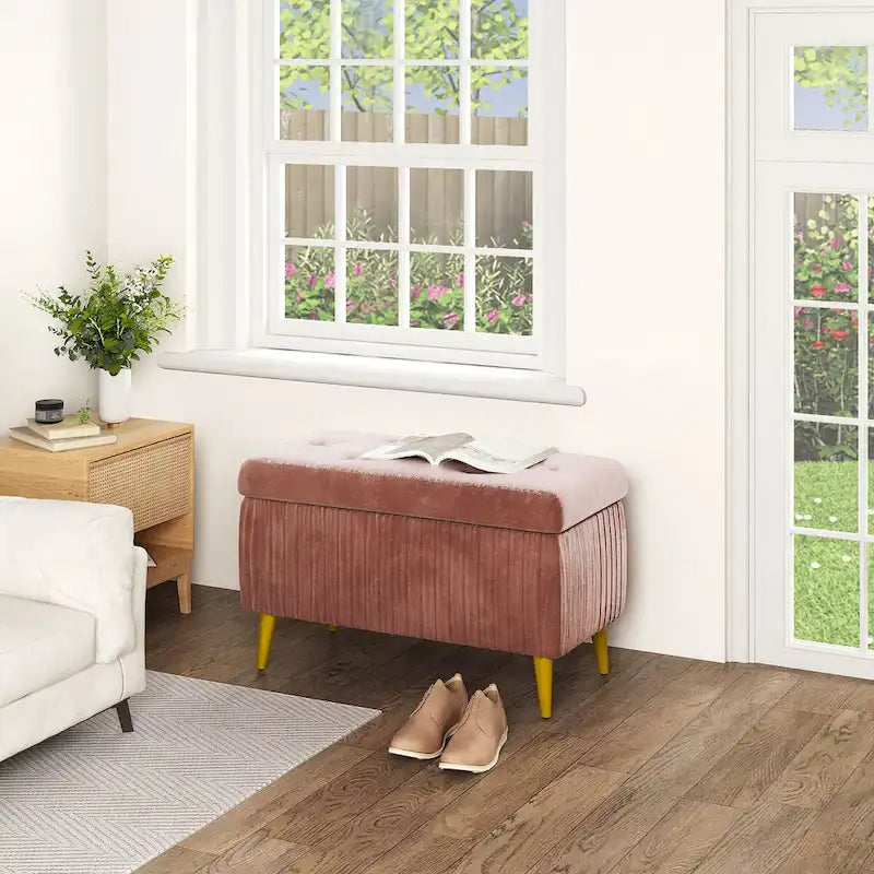 Modern Tufted Storage Ottoman Bench, Velvet Upholstered Storage Bench with Button Perfect for Bedroom, Living Room, Entryway