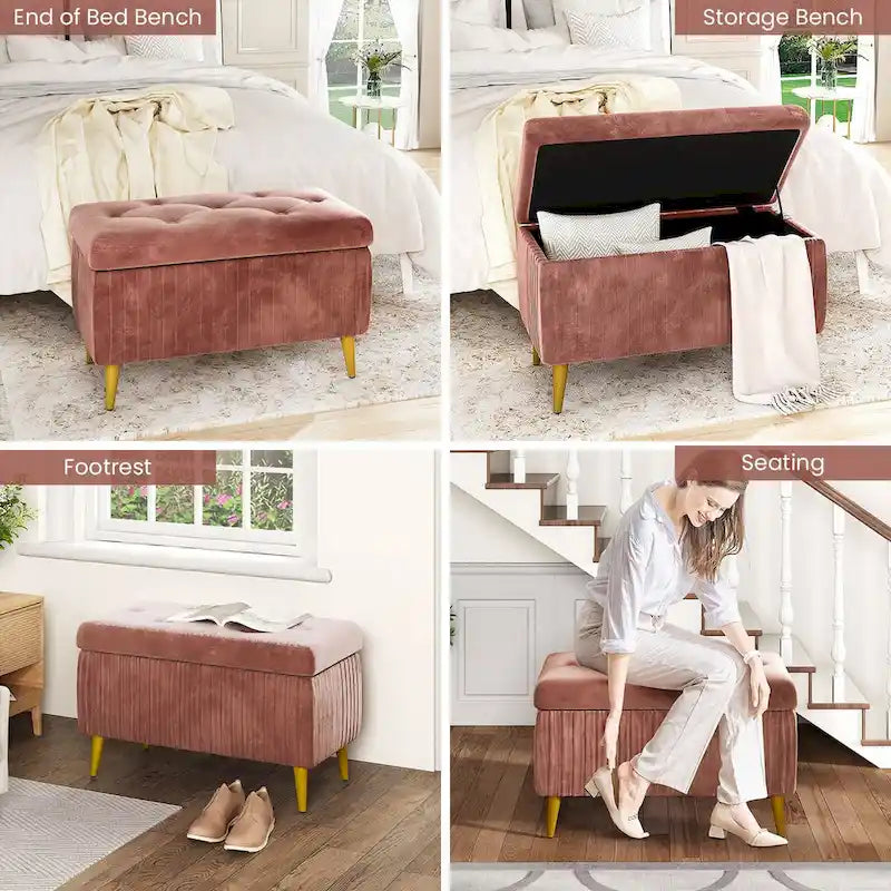Modern Tufted Storage Ottoman Bench, Velvet Upholstered Storage Bench with Button Perfect for Bedroom, Living Room, Entryway