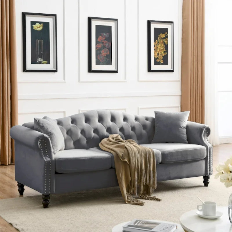 79  Chesterfield Sofa Grey Velvet for Living Room, 3 Seater Sofa Tufted Couch with Rolled Arms and Nailhead
