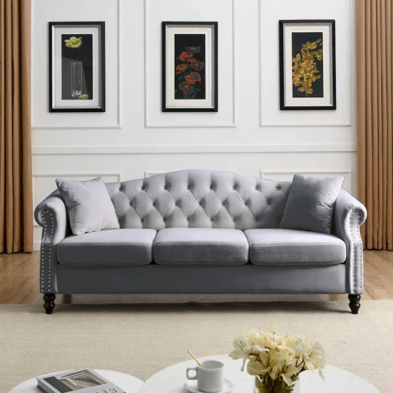 79  Chesterfield Sofa Grey Velvet for Living Room, 3 Seater Sofa Tufted Couch with Rolled Arms and Nailhead