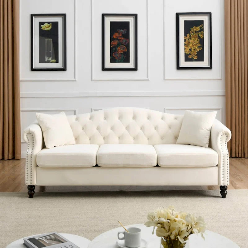 79  Chesterfield Sofa Grey Velvet for Living Room, 3 Seater Sofa Tufted Couch with Rolled Arms and Nailhead