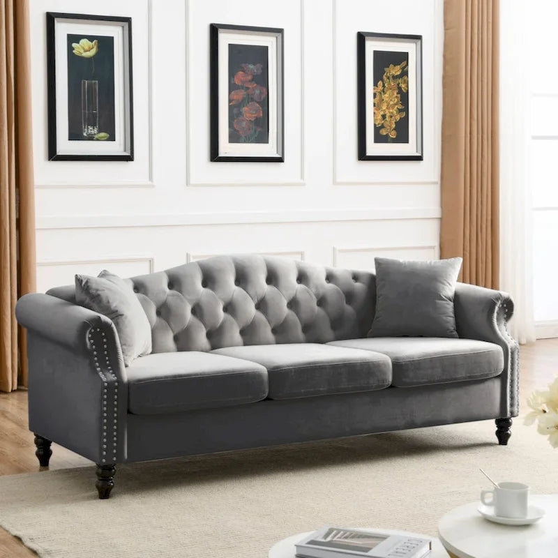 79  Chesterfield Sofa Grey Velvet for Living Room, 3 Seater Sofa Tufted Couch with Rolled Arms and Nailhead