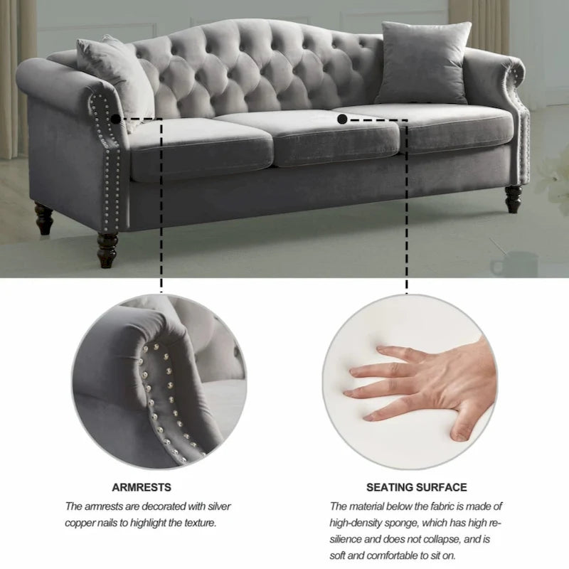 79  Chesterfield Sofa Grey Velvet for Living Room, 3 Seater Sofa Tufted Couch with Rolled Arms and Nailhead
