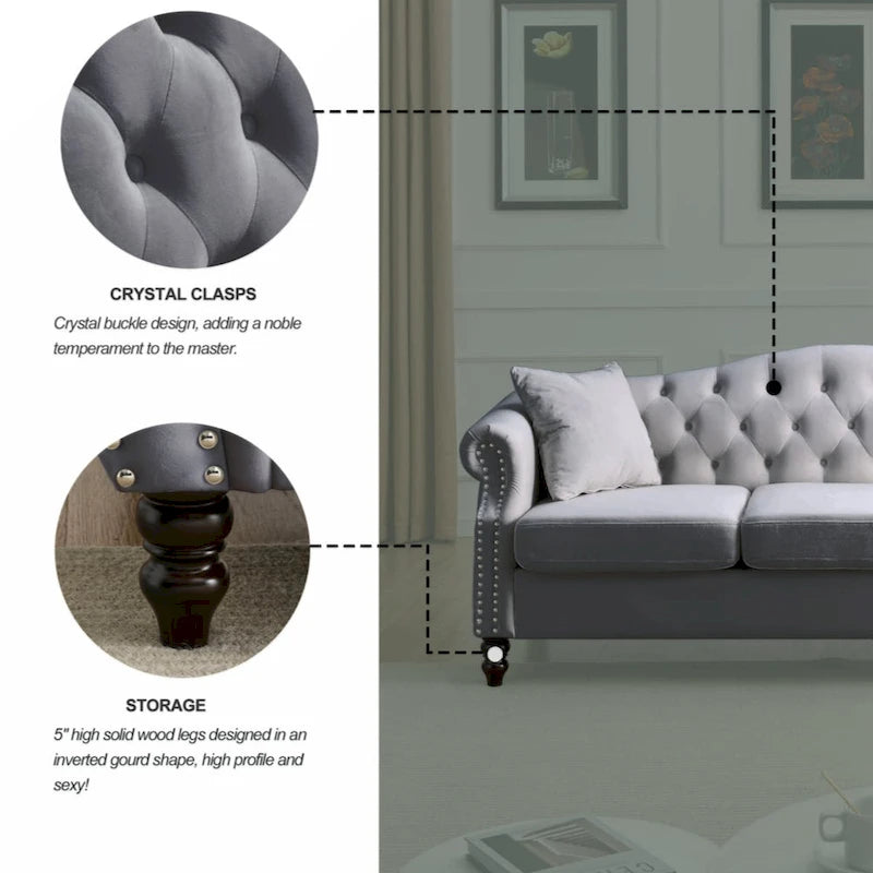 79  Chesterfield Sofa Grey Velvet for Living Room, 3 Seater Sofa Tufted Couch with Rolled Arms and Nailhead