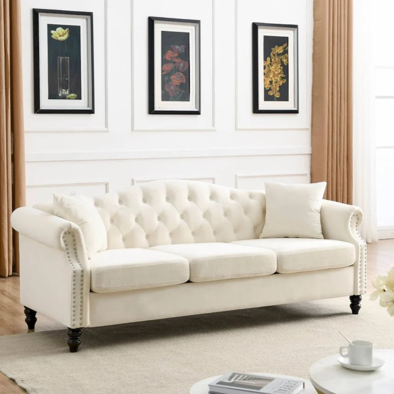 79  Chesterfield Sofa Grey Velvet for Living Room, 3 Seater Sofa Tufted Couch with Rolled Arms and Nailhead
