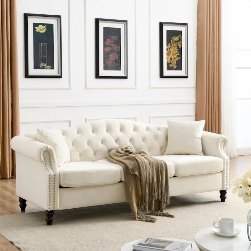 79  Chesterfield Sofa Grey Velvet for Living Room, 3 Seater Sofa Tufted Couch with Rolled Arms and Nailhead