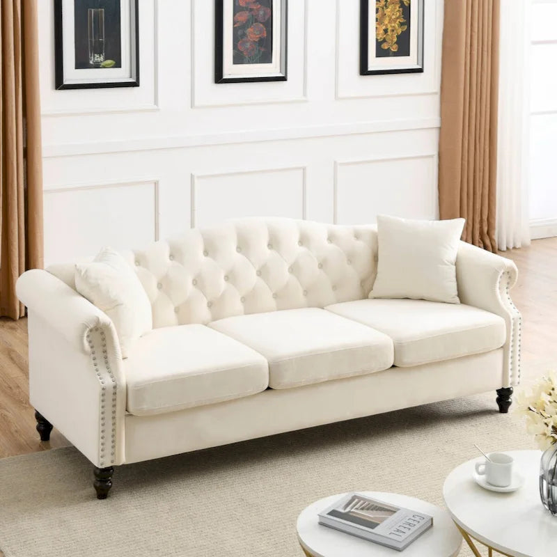 79  Chesterfield Sofa Grey Velvet for Living Room, 3 Seater Sofa Tufted Couch with Rolled Arms and Nailhead