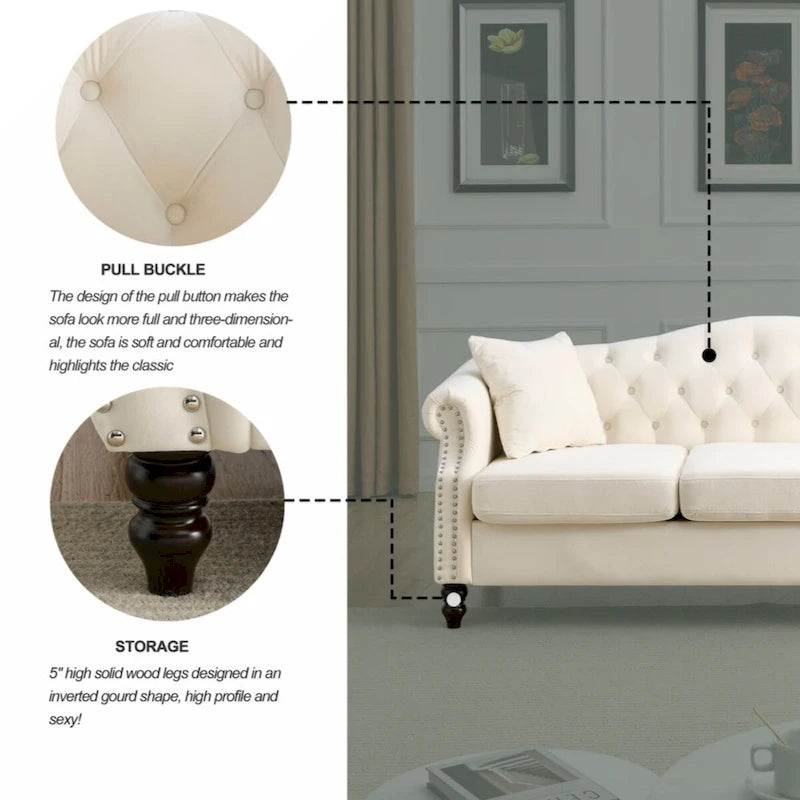 79  Chesterfield Sofa Grey Velvet for Living Room, 3 Seater Sofa Tufted Couch with Rolled Arms and Nailhead