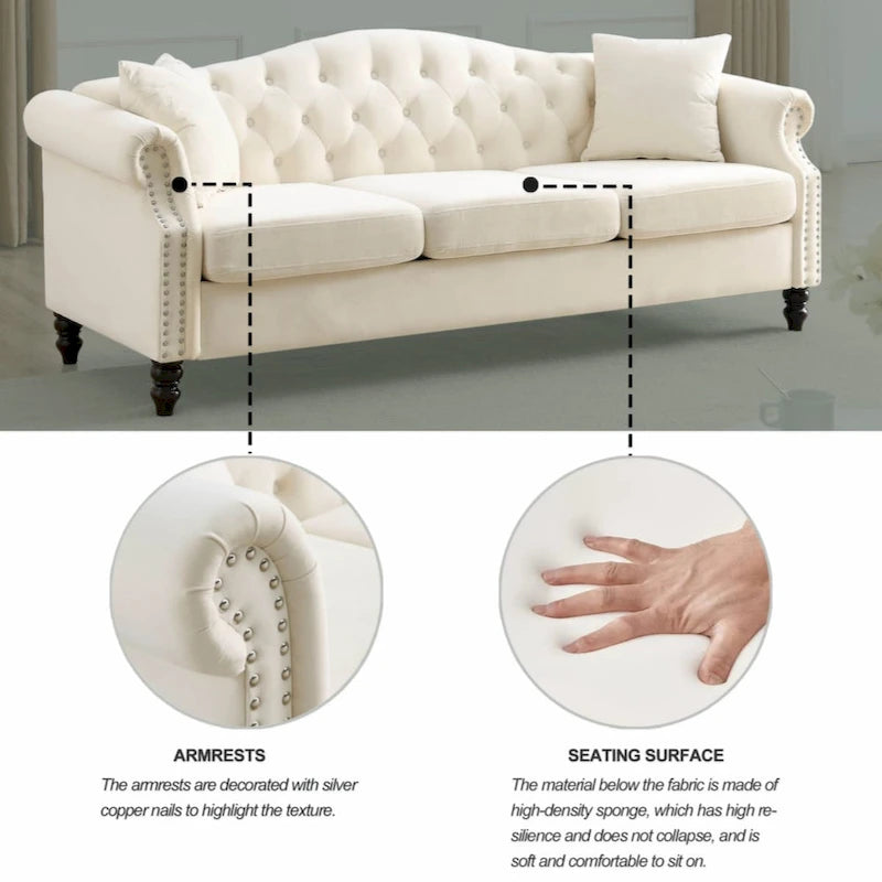 79  Chesterfield Sofa Grey Velvet for Living Room, 3 Seater Sofa Tufted Couch with Rolled Arms and Nailhead