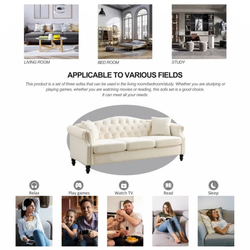 79  Chesterfield Sofa Grey Velvet for Living Room, 3 Seater Sofa Tufted Couch with Rolled Arms and Nailhead