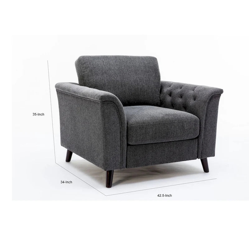 Sen 37 Inch Accent Sofa Chair, Tufted Arms, Padded, Gray Linen, Solid Wood