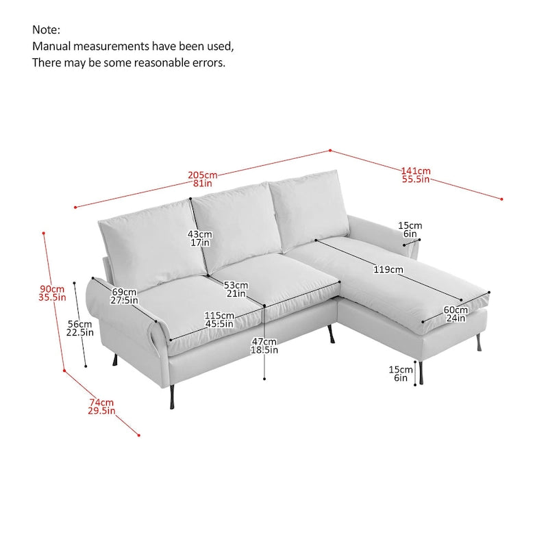 Modern L-Shaped Sofa Couch With Reversible Chaise Lounge