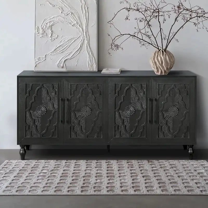 Carved Flower Door Large Storage Cabinet With Metal Handle